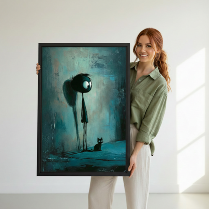 Woman holding dark fantasy figure and cat framed canvas wall art — gothic whimsical print