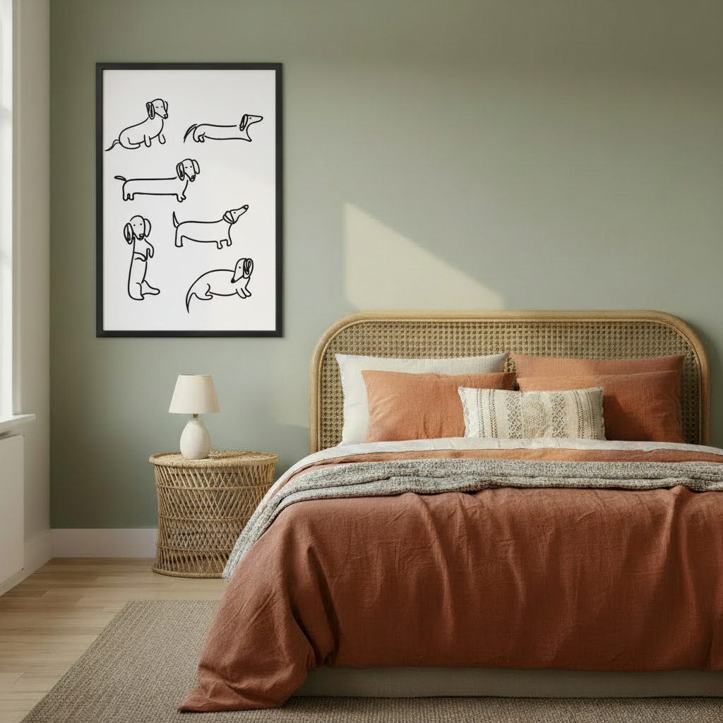 Framed minimalist dachshund line art print beside boho bedroom bed – six wiener dog poses, black and white wall decor