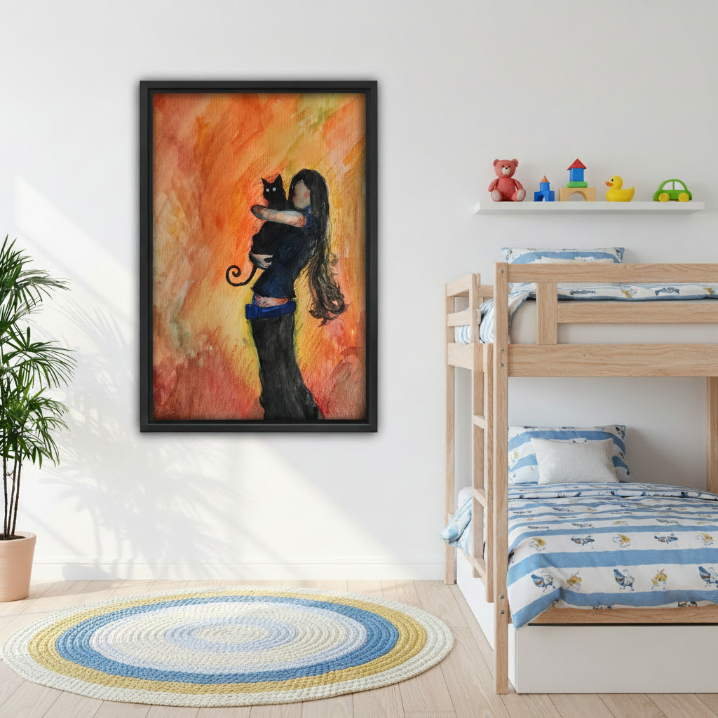 Girl with black cat framed art print on wall in children's bedroom — whimsical cat decor