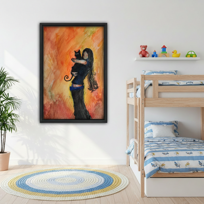Girl with black cat framed art print on wall in children's bedroom — whimsical cat decor