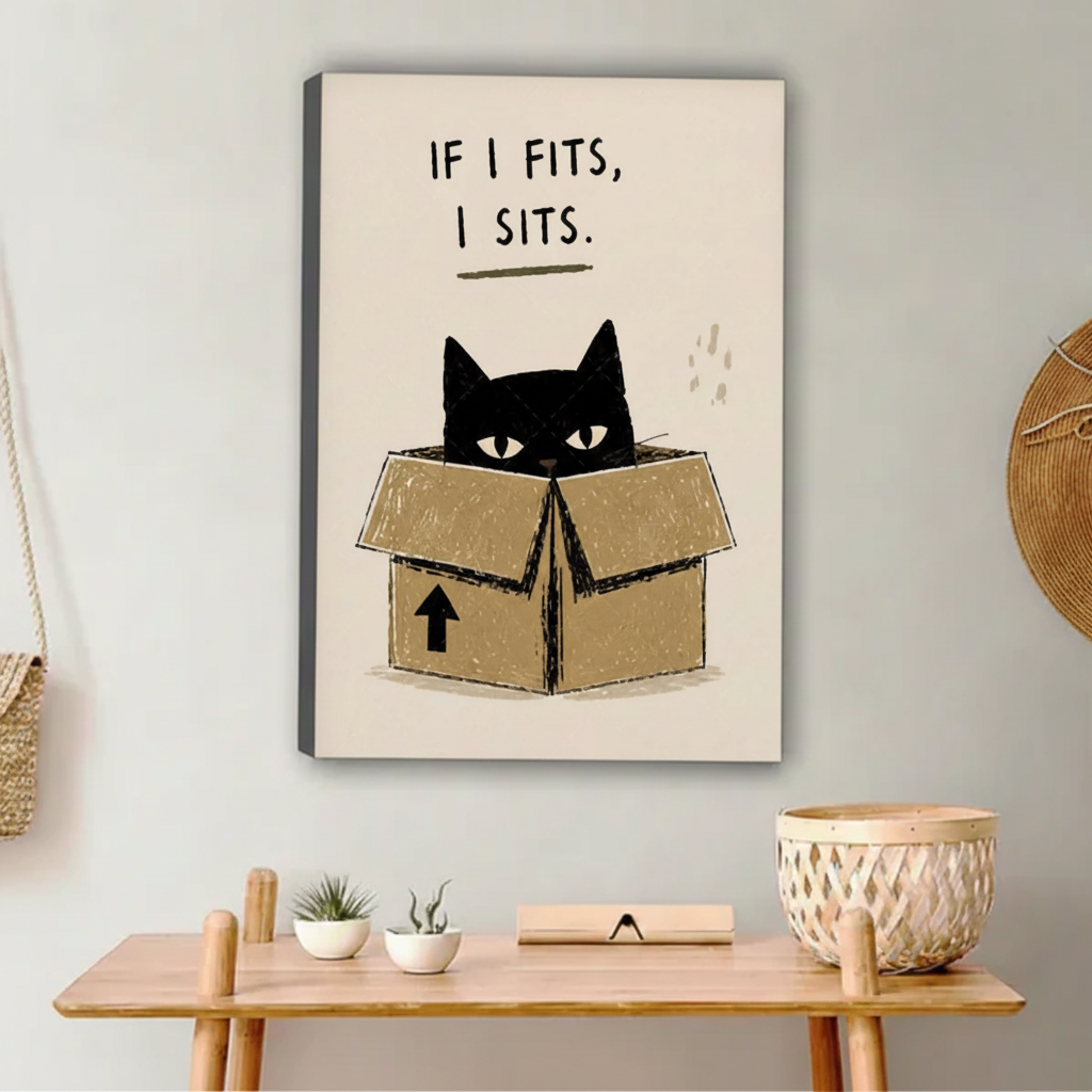 If I Fits I Sits black cat gallery wrap canvas wall art – frameless stretched canvas print