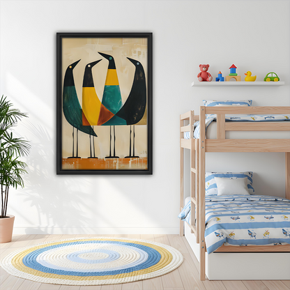 Mid-Century Modern Geometric Birds Quartet Framed Wall Art Print Kids Room Bedroom Decor