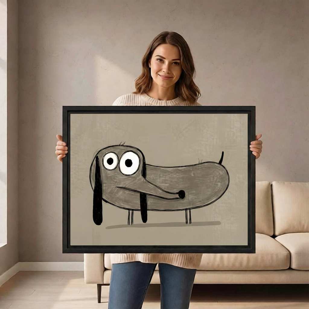 Woman holding minimalist dachshund canvas print funny sketch dog wall art framed
