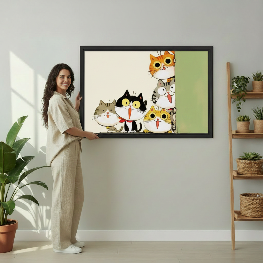 Nosy Cats Peeking Art Print in Boho Room Setting – Cute Framed Cat Wall Decor Inspiration