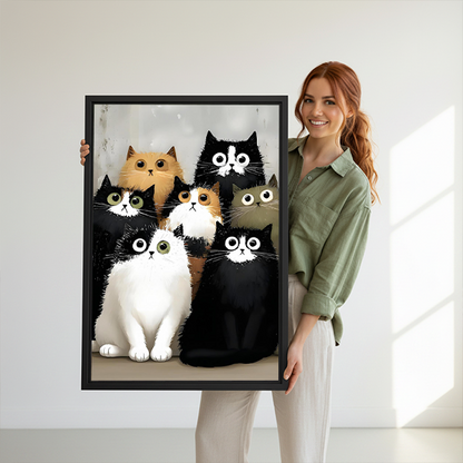 Black-framed seven cats canvas wall art above a cream sofa with a wooden coffee table and potted plant.