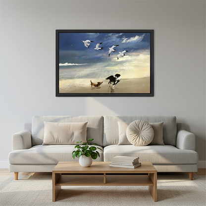 Framed beach dogs and seagulls wall art above living room sofa