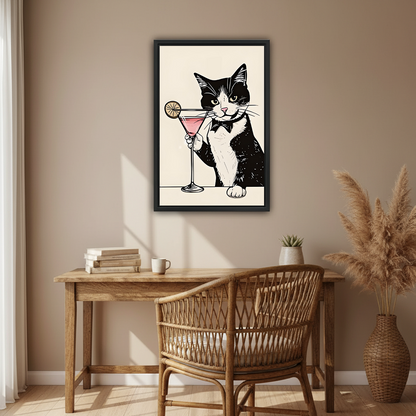 Tuxedo cat cocktail minimalist canvas art in black frame above rustic wooden desk with rattan chair in boho home office