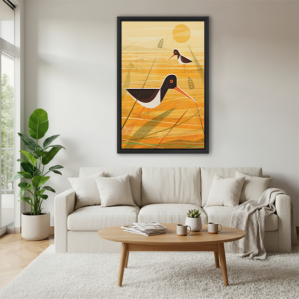 Mid-Century Modern Bird Art Print Black Frame Above Sofa Living Room