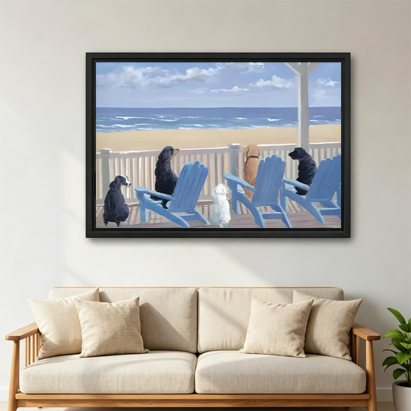 Dogs on Beach Porch Framed Wall Art Print Above Sofa Living Room Coastal Decor