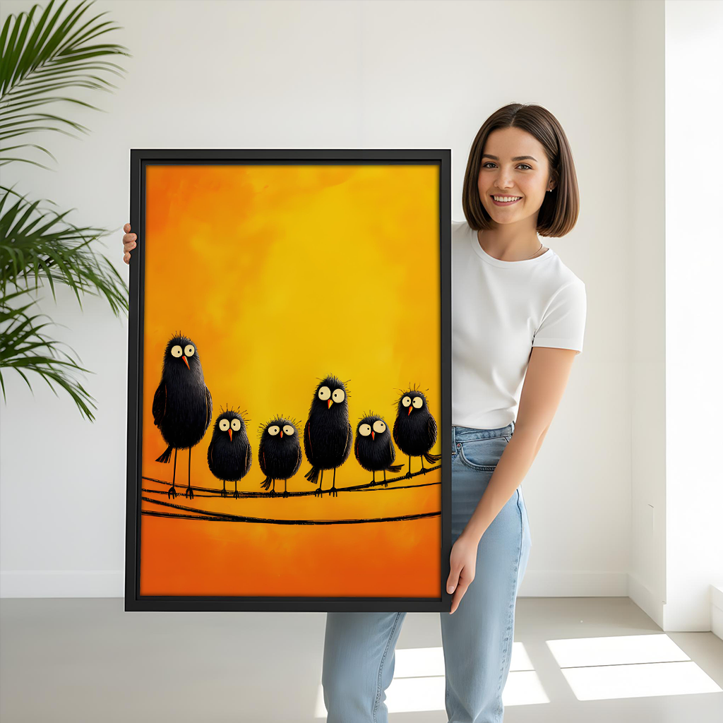 Woman Holding Funny Fluffy Black Birds on Wire Framed Art Print Size Reference