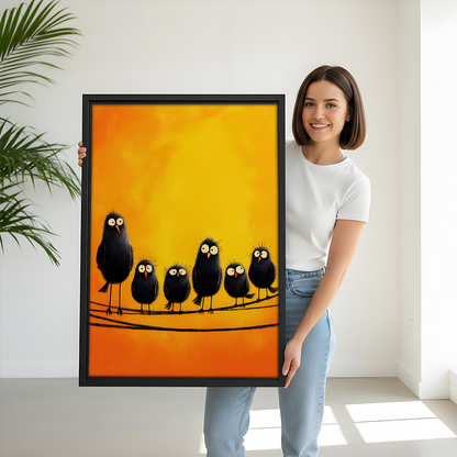 Woman Holding Funny Fluffy Black Birds on Wire Framed Art Print Size Reference