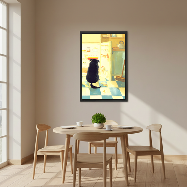 Black dog sitting in front of open refrigerator cozy kitchen watercolor illustration framed wall art hung on beige wall above round wooden dining table with chairs and small green plant in Scandinavian dining room