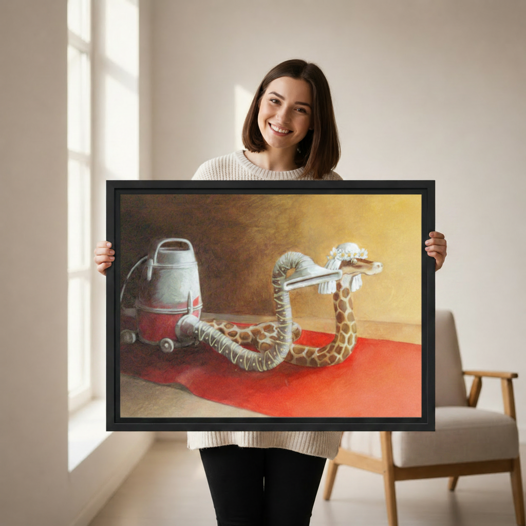 Woman holding large framed surreal snake vacuum canvas print, whimsical animal wall art size reference photo