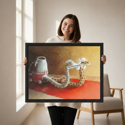 Woman holding large framed surreal snake vacuum canvas print, whimsical animal wall art size reference photo