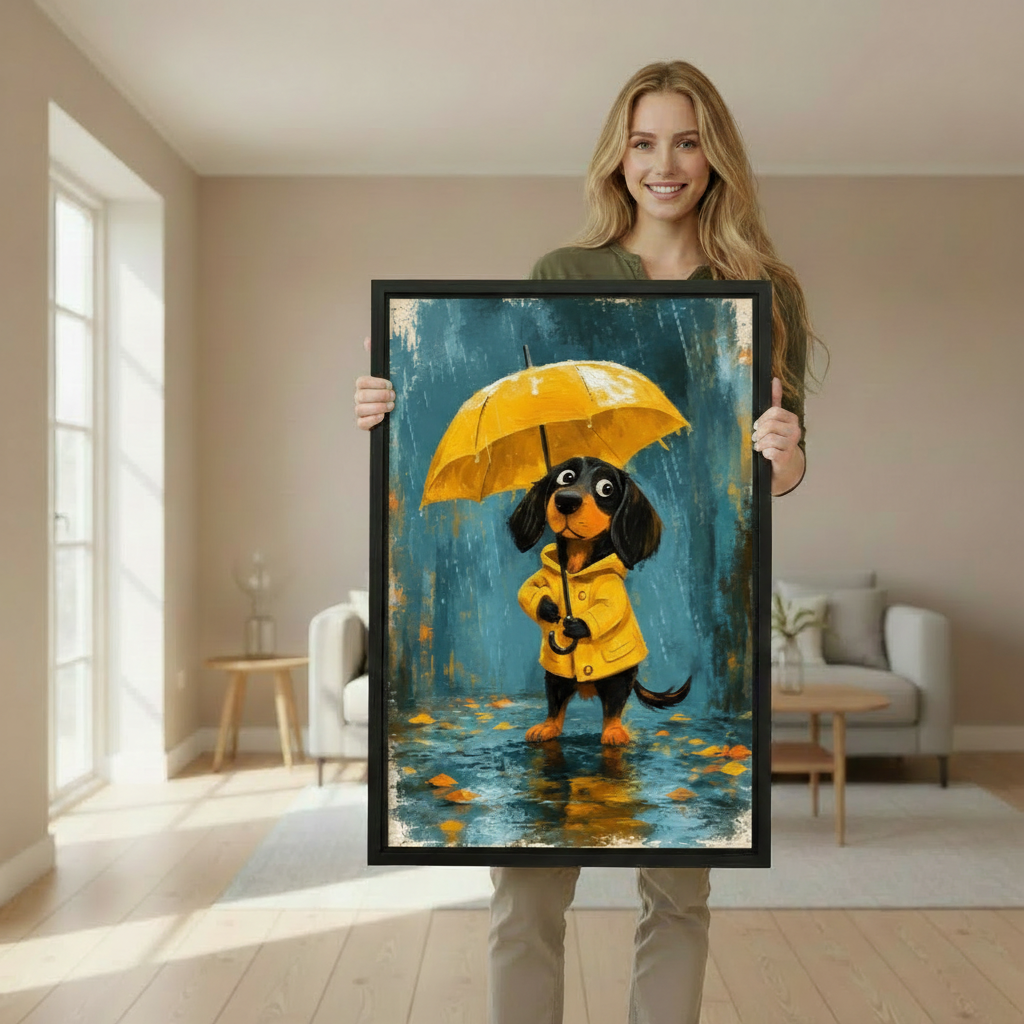 Rainy Day Dachshund Framed Canvas Wall Art Print l1957