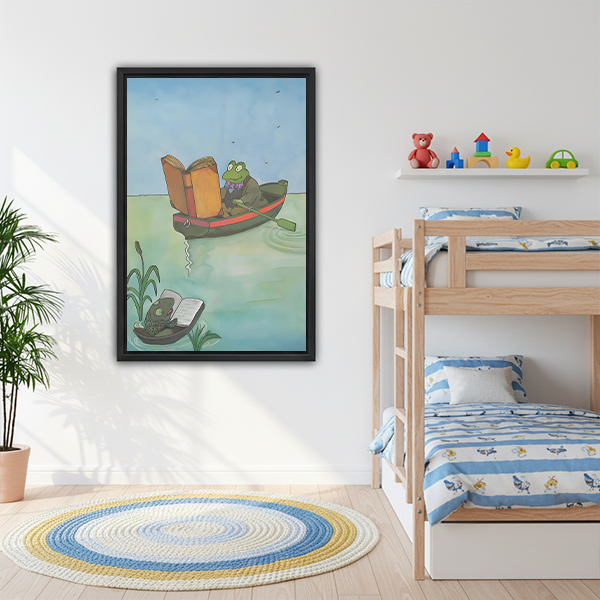 Reading frog framed print in kids bedroom with bunk bed — playful watercolor animal wall art
