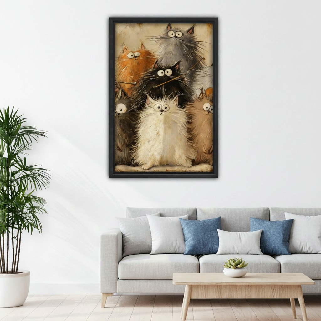 Funny fluffy cat gang framed canvas above living room sofa, vintage whimsical cat wall art for home decor