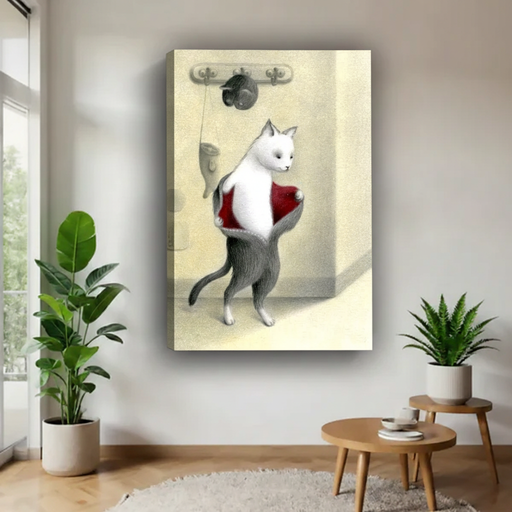 Humorous white cat in red vest gallery wrap canvas print displayed in bright entryway with tropical plants