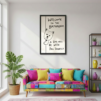 Funny Westie dog "Welcome to the Bathroom" framed canvas art above colorful sofa, whimsical dog quote wall decor for living room