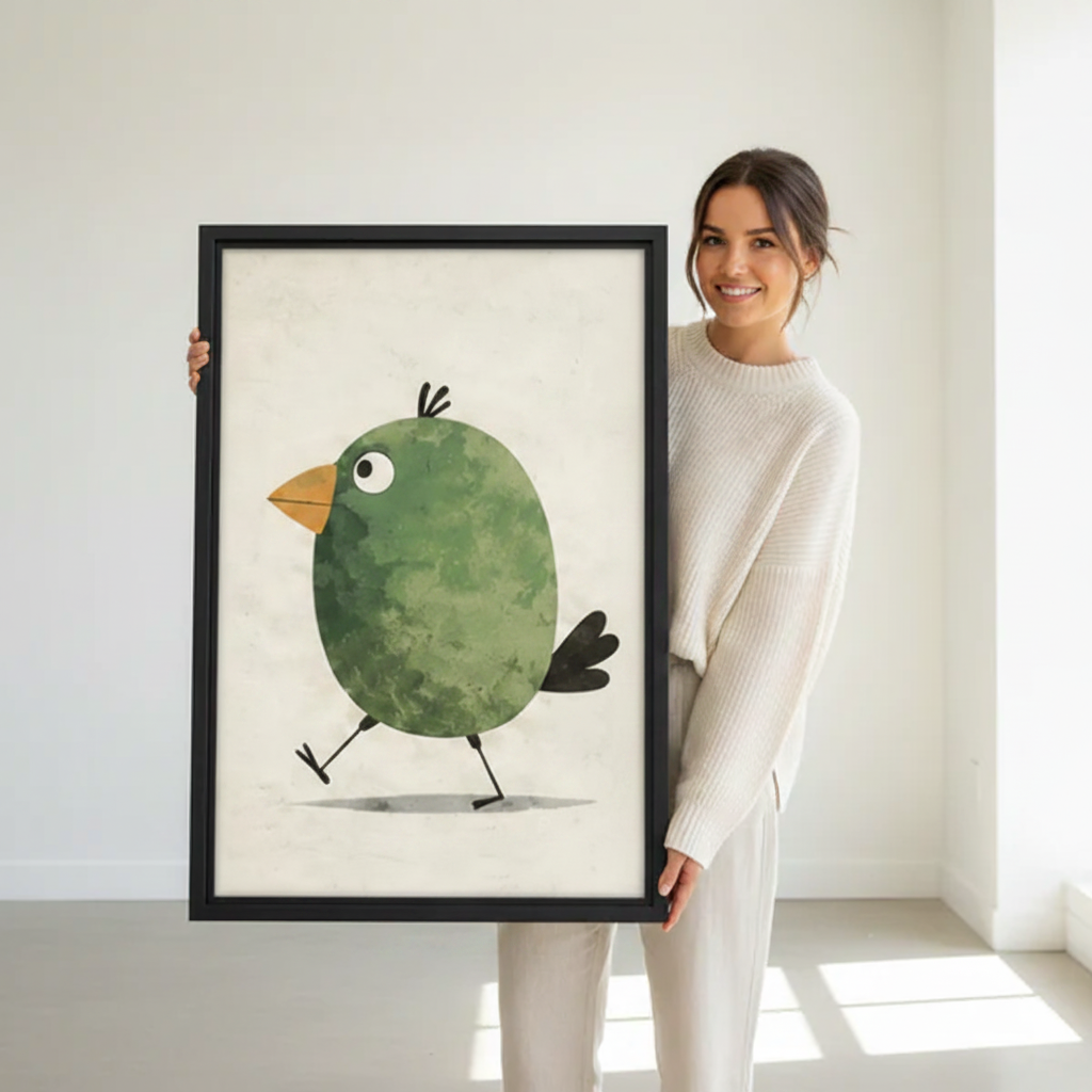 Cute Walking Green Bird Wall Art-Minimalist Framed Canvas|Liberty Signs#L1873
