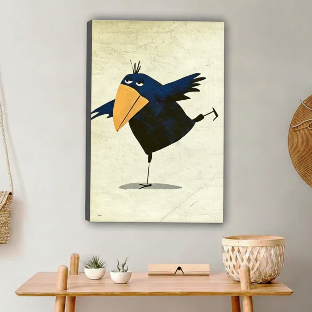 Whimsical crow gallery wrap canvas art on neutral wall above wooden console — frameless bird print