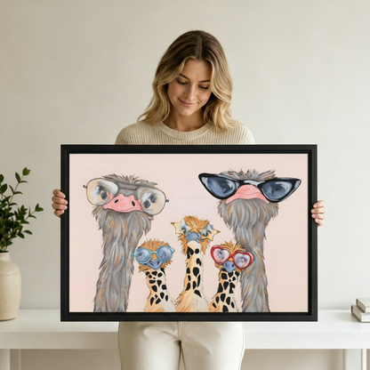 Five Ostriches Sunglasses Whimsical Framed Wall Art Held for Size – Funny Pink Background Bird Print Reference