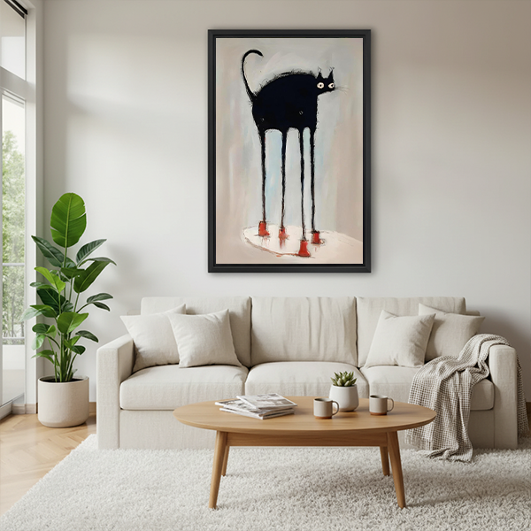 	Quirky long-legged black cat in red boots framed wall art in black frame above cream sofa with round coffee table in modern living room