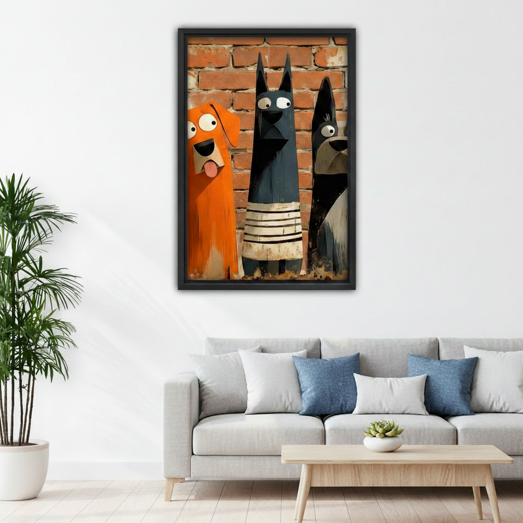 Graffiti three dogs brick wall framed canvas wall art above grey sofa, quirky cartoon orange black dog living room decor print