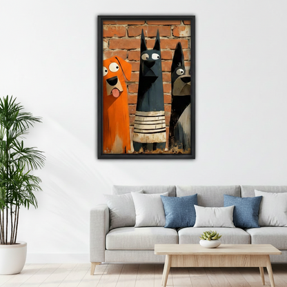 Graffiti three dogs brick wall framed canvas wall art above grey sofa, quirky cartoon orange black dog living room decor print