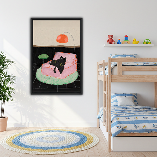 Black cat pink sofa framed wall art in kids bedroom nursery decor