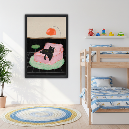 Black cat pink sofa framed wall art in kids bedroom nursery decor