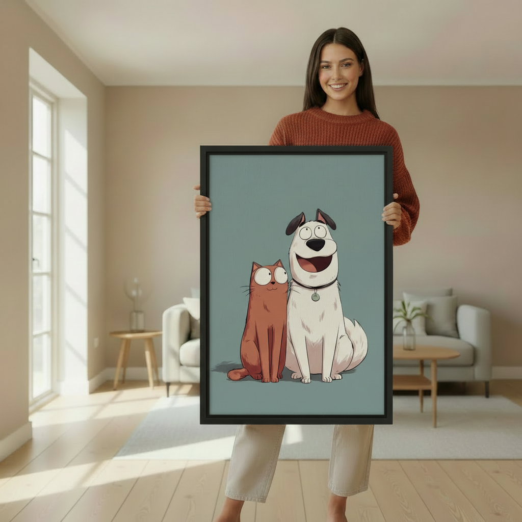 Woman holding large framed orange cat and white dog best friends cartoon wall art print in black frame showing actual print size in bright Scandinavian living room