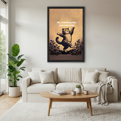Funny cat frolicking framed wall art canvas print living room sofa decor vintage woodcut