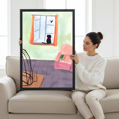 Woman holding large black cat window watching bird watercolor framed canvas wall art print showing actual artwork size on white sofa