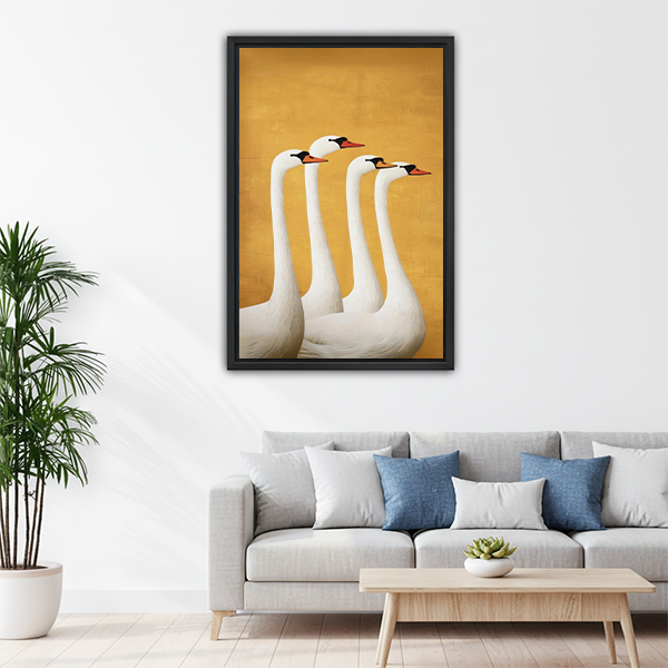 Four white swans golden background framed canvas wall art above sofa, elegant luxury bird print for modern living room decor