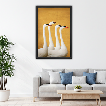 Four white swans golden background framed canvas wall art above sofa, elegant luxury bird print for modern living room decor