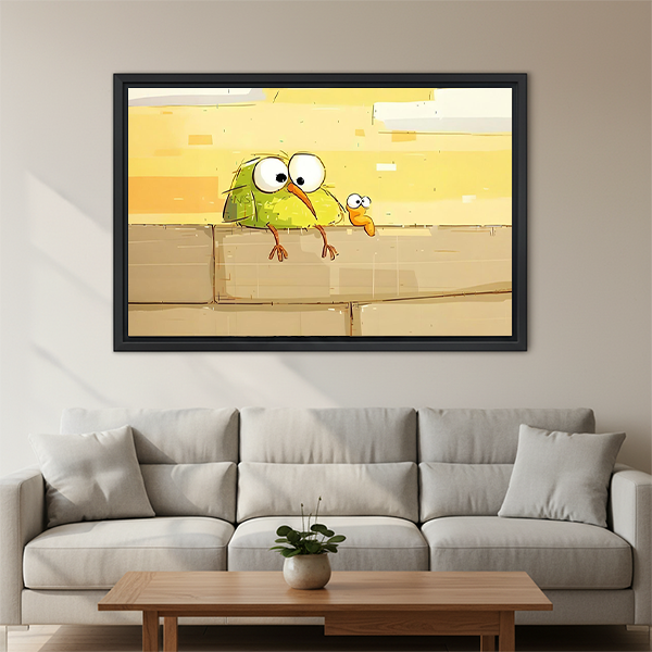 Funny cartoon birds perching on brick wall yellow warm tone framed wall art canvas print above light gray sofa in modern living room