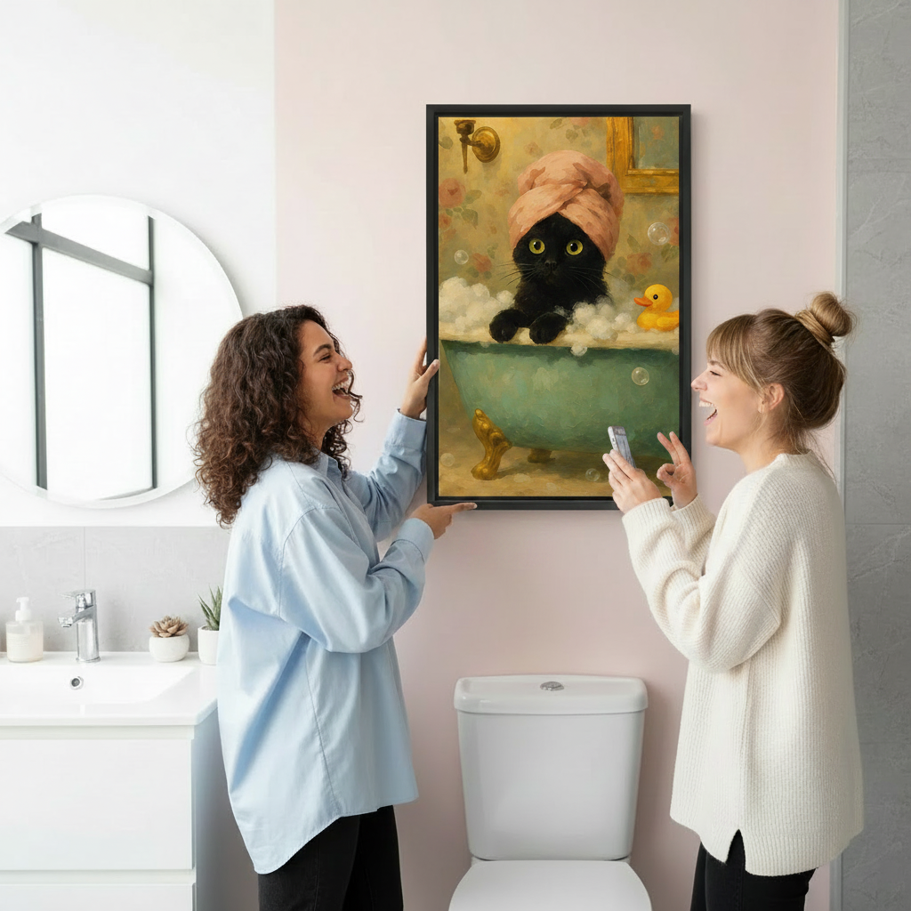 Two women laughing while hanging funny black cat in bathtub framed wall art print, black frame, vintage floral oil painting style with rubber duck, showing easy installation in a bright modern bathroom