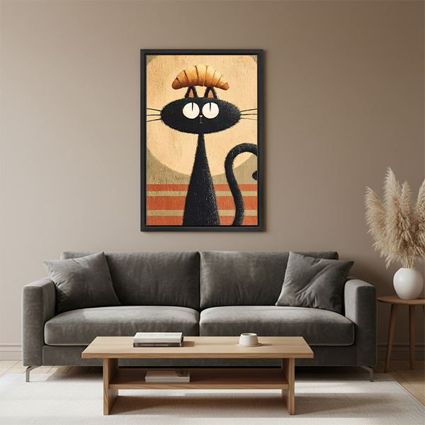 Retro black cat croissant framed canvas wall art above gray sofa in modern boho living room
