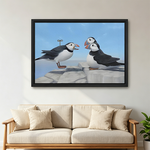 Cute puffin birds framed canvas wall art above sofa – coastal ocean print for living room decor