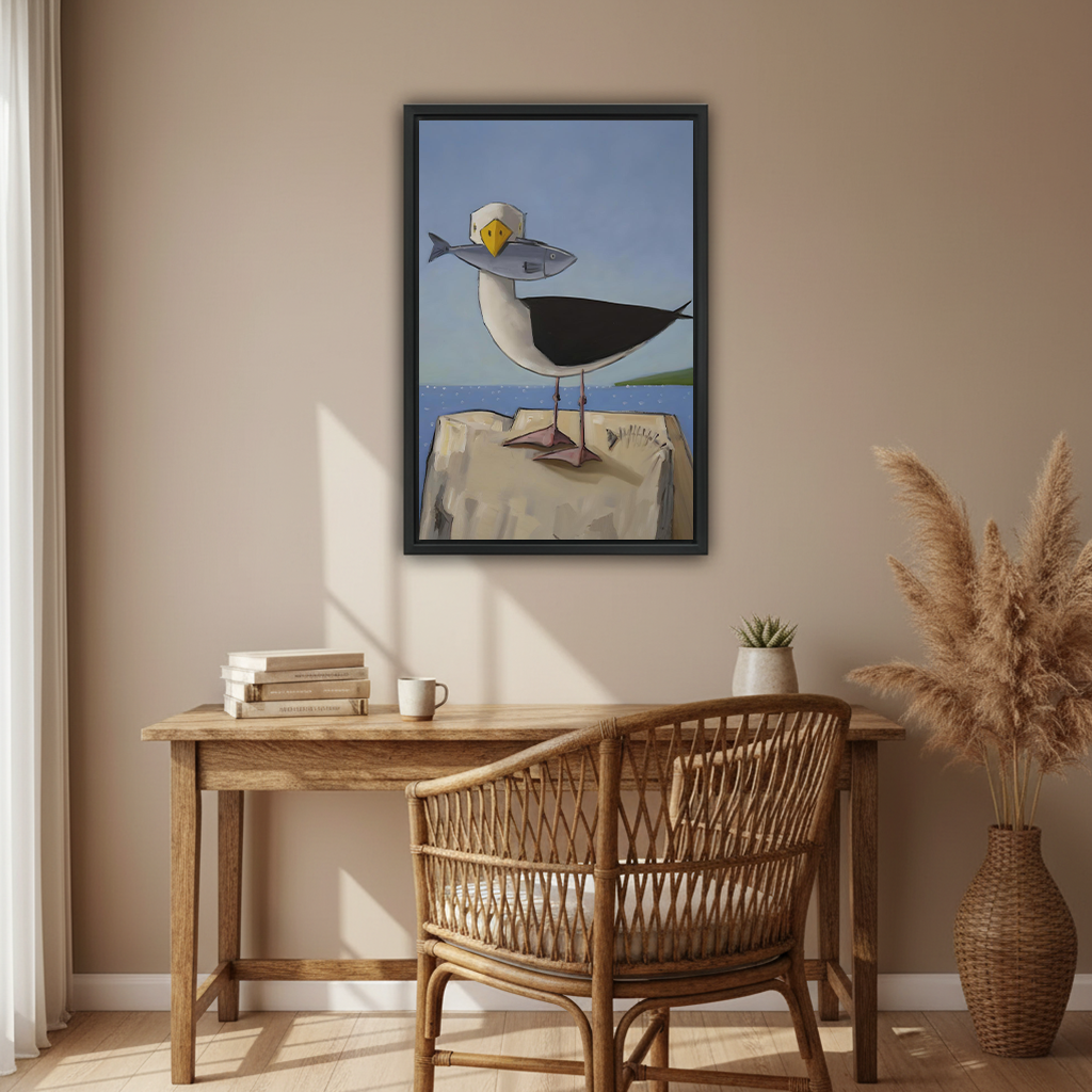 Funny coastal seagull with fish framed wall art in bohemian home office - quirky bird decor