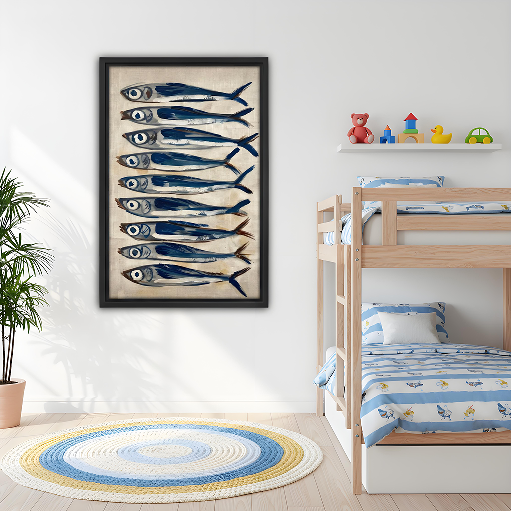 Blue sardines fish oil painting framed print – kids bedroom nautical coastal wall art decor