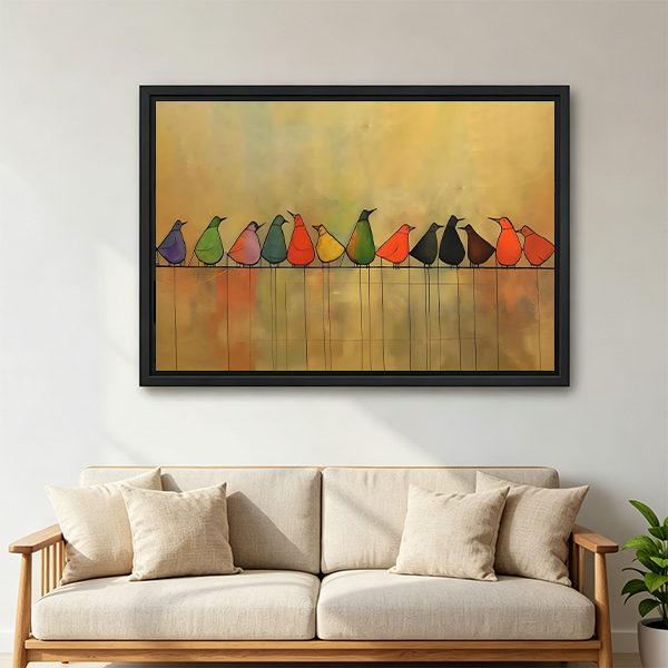 Colorful Birds Row Mid-Century Modern Framed Wall Art l2768