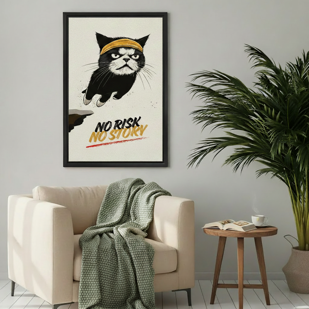 No Risk No Story motivational cat wall art displayed above living room armchair – bold framed canvas for eclectic home decor