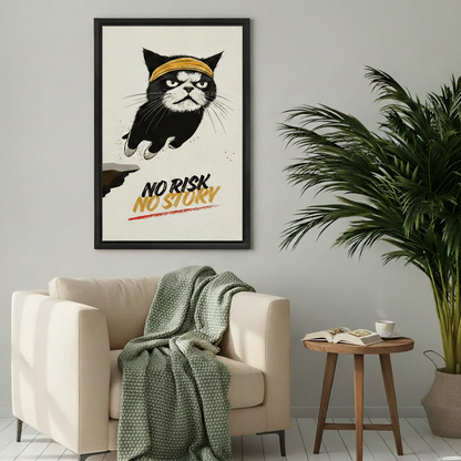 No Risk No Story motivational cat wall art displayed above living room armchair – bold framed canvas for eclectic home decor