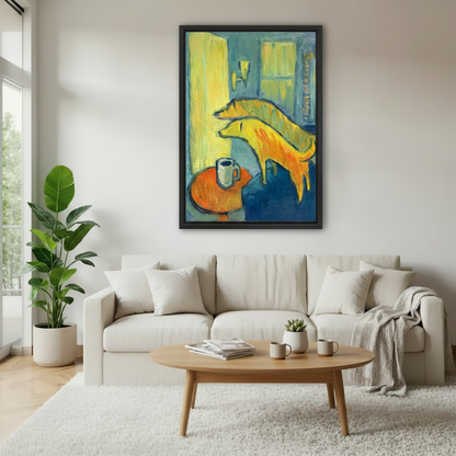 Fauvist golden dog coffee cup bold framed canvas wall art above white sofa in bright modern living room