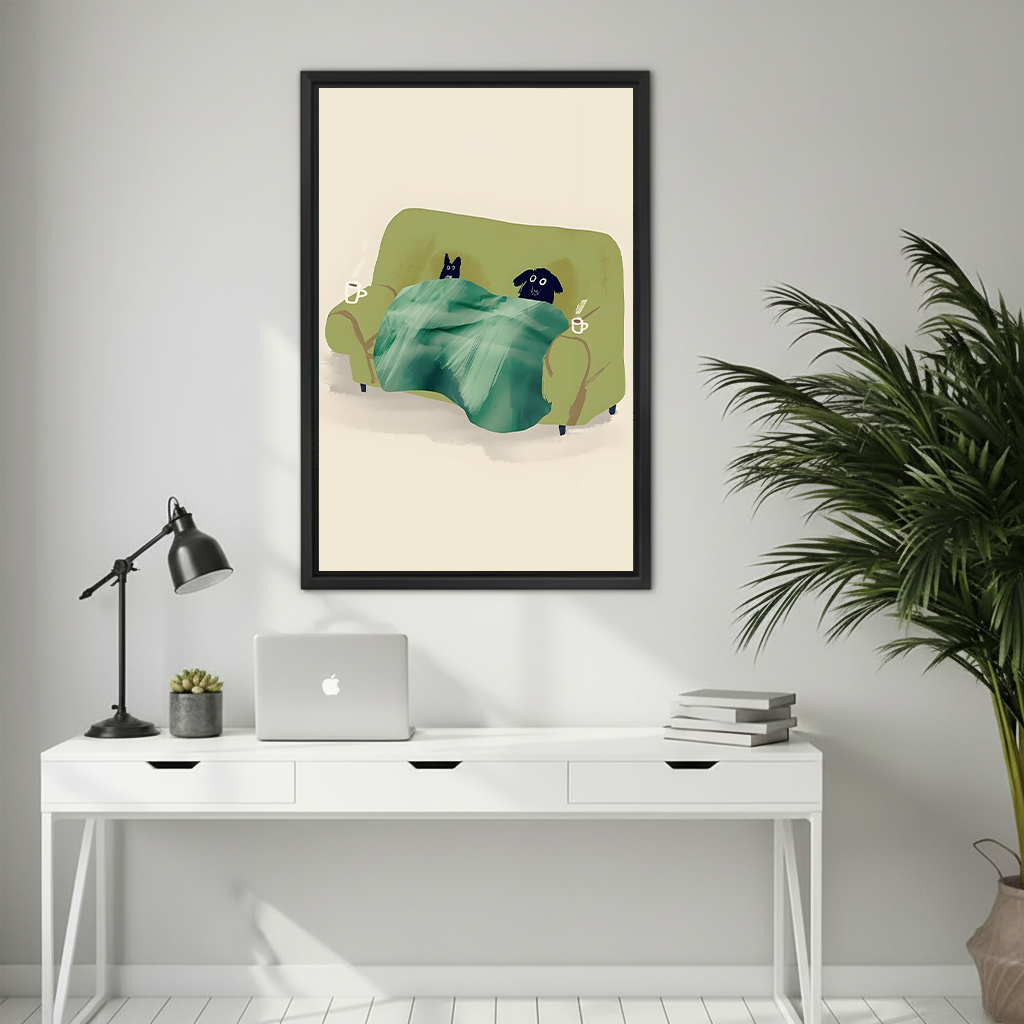 Black framed cat and dog sofa print above desk — whimsical pet wall art for home office