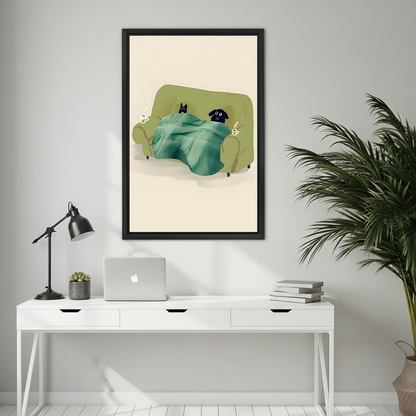 Black framed cat and dog sofa print above desk — whimsical pet wall art for home office