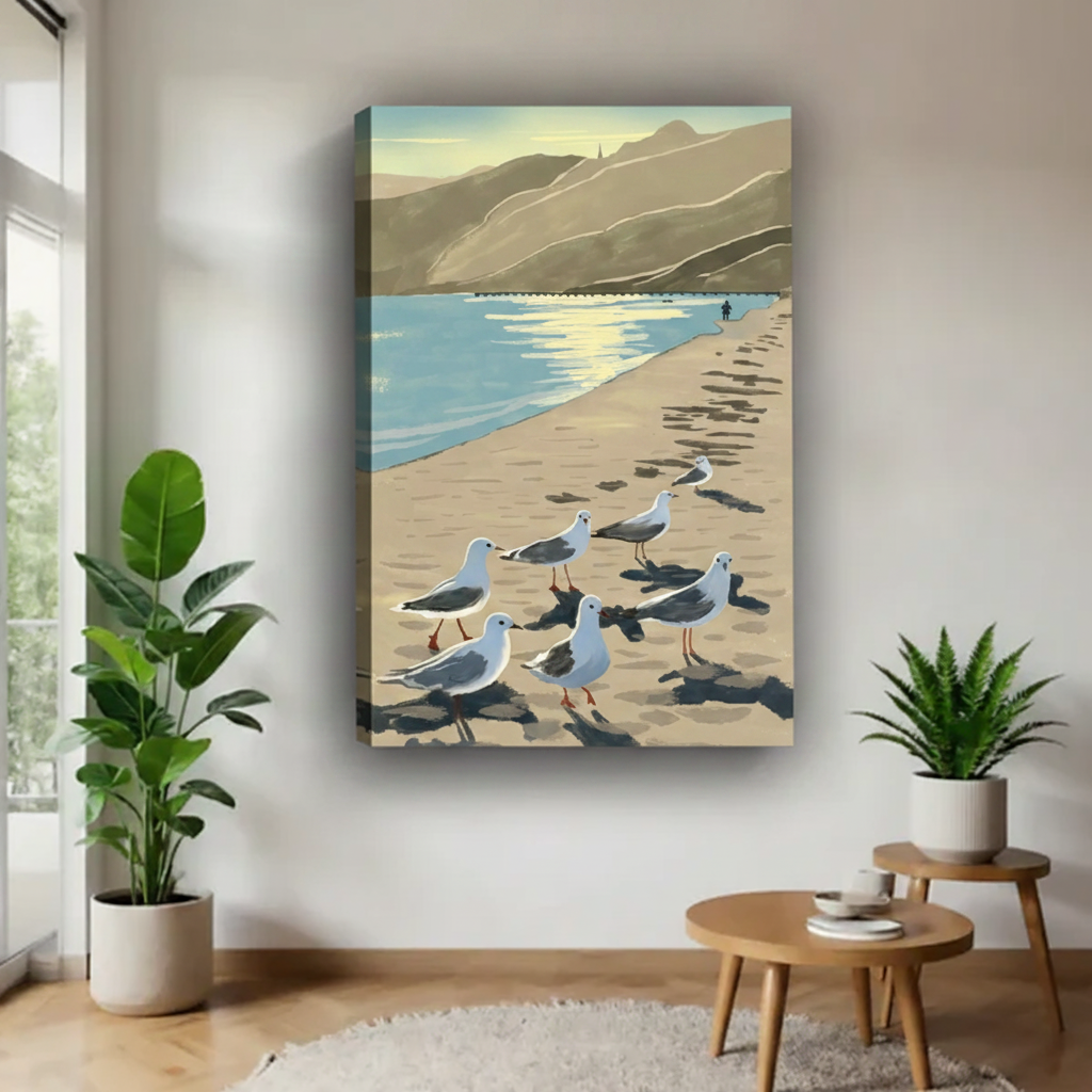 Gallery wrap coastal seagulls beach illustration canvas in bright living room with fiddle leaf fig plant