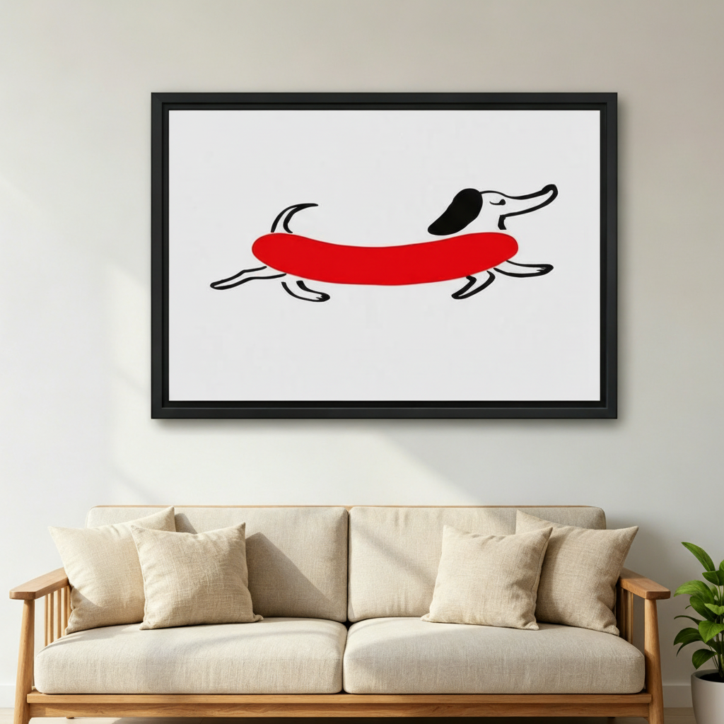 Red Dachshund Line Art Framed Canvas Wall Art - Minimalist Dog Print for Living Room